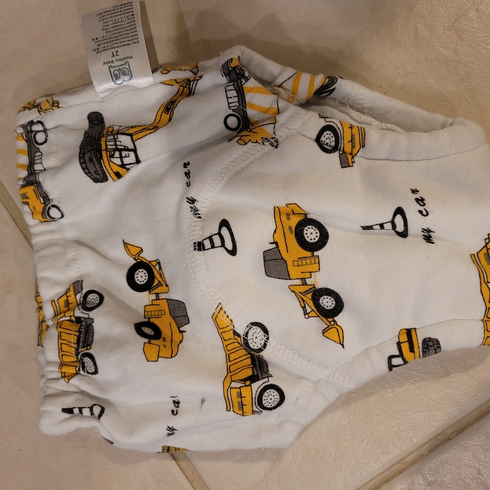 MooMoo Designs White Training Pants with Yellow Construction Trucks